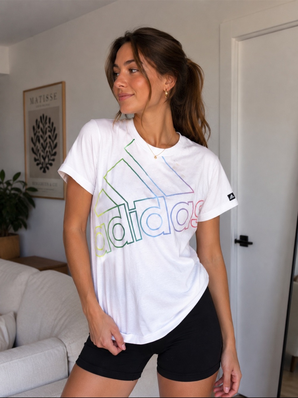 adidas White Tee with Multicolor Gradient Logo